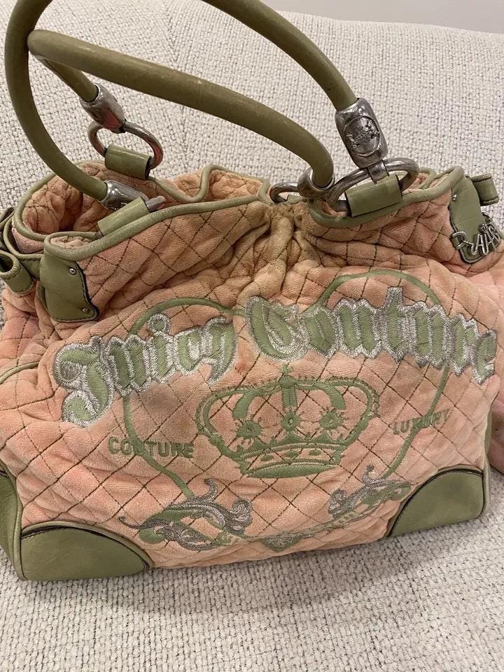 Juicy Couture Pink and Green Rare Y2K Velour Tote with Matching Makeup Bag – Vintage Designer Set