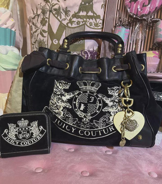 Y2K Juicy Couture Black Velour Daydreamer Tote with Scotty Dog Charm &amp; Wallet – Vintage Designer Handbag