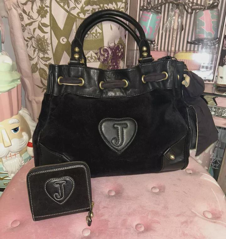Y2K Juicy Couture Black Velour Daydreamer Tote with Scotty Dog Charm &amp; Wallet – Vintage Designer Handbag