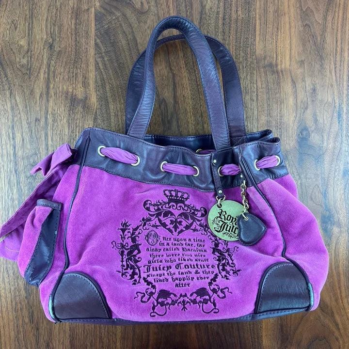 Rare Vintage Juicy Couture Y2K Black Velour Daydreamer Tote – Royal Purple Trim Designer Bag