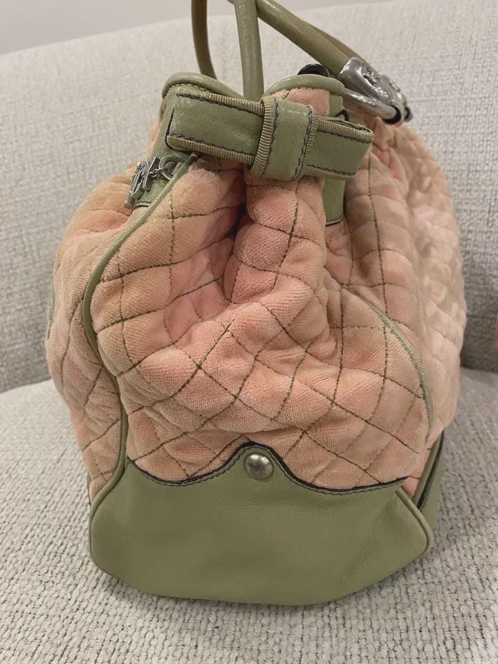 Juicy Couture Pink and Green Rare Y2K Velour Tote with Matching Makeup Bag – Vintage Designer Set