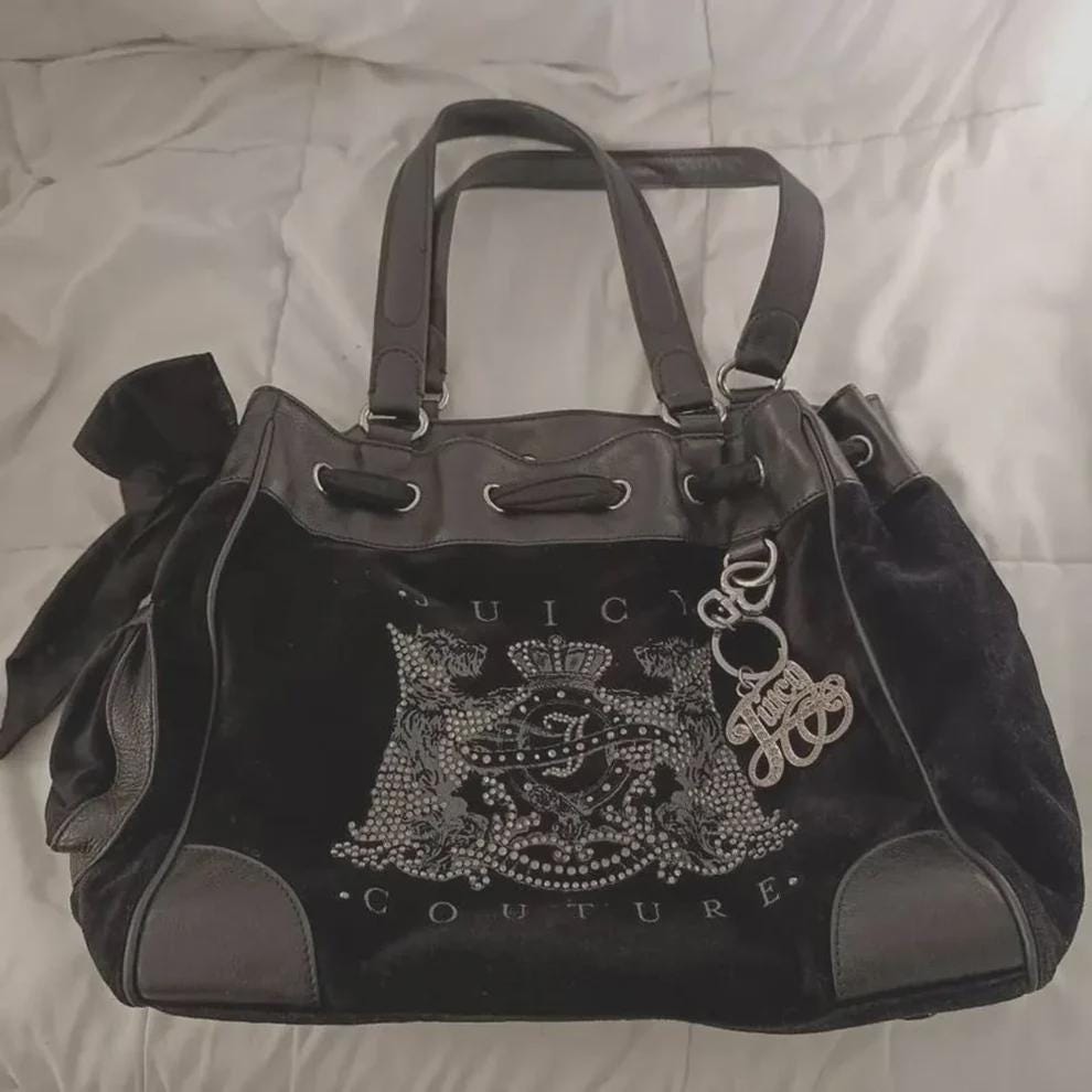 Vintage Juicy Couture Daydreamer Scottie Dog Tote – Black Velour Purse with Rhinestones &amp; Satin Bow – Y2K Iconic Handbag