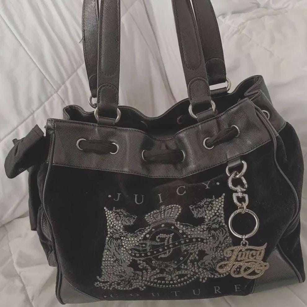 Vintage Juicy Couture Daydreamer Scottie Dog Tote – Black Velour Purse with Rhinestones &amp; Satin Bow – Y2K Iconic Handbag