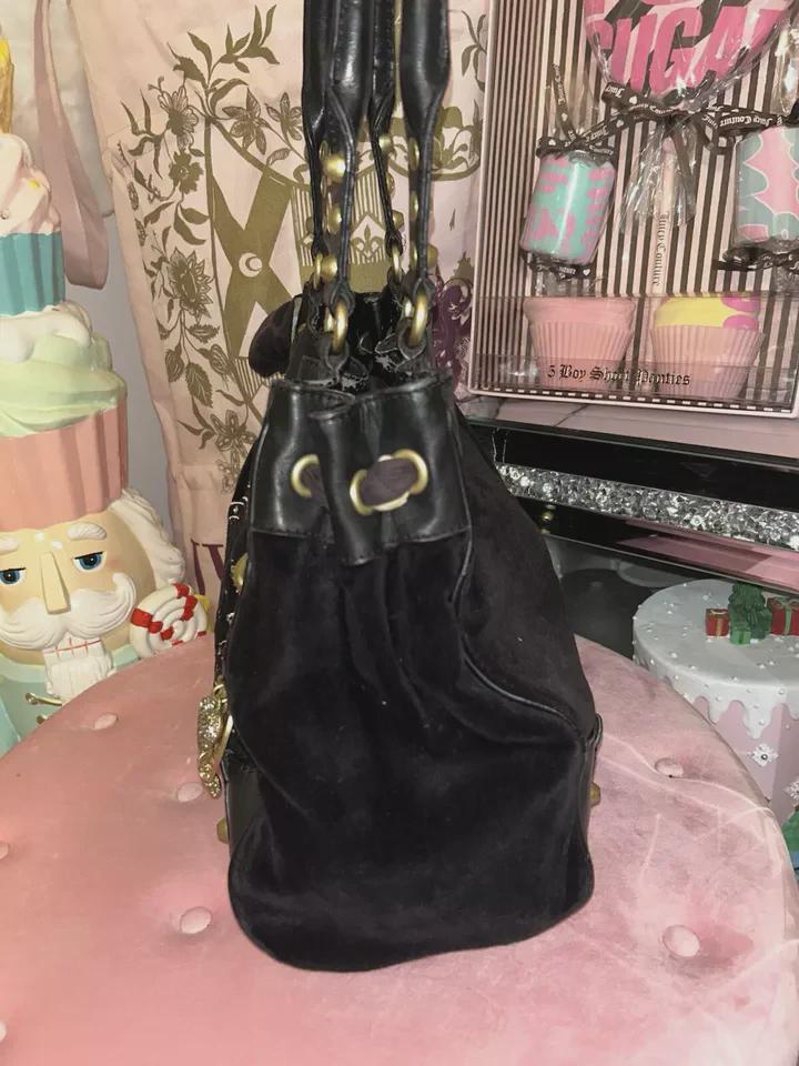 Y2K Juicy Couture Black Velour Daydreamer Tote with Scotty Dog Charm &amp; Wallet – Vintage Designer Handbag