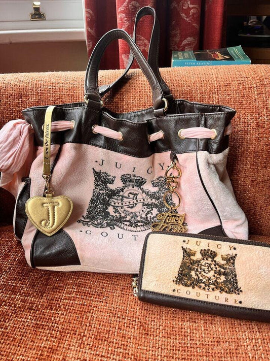 Genuine Juicy Couture Pink and Brown Daydreamer Tote with Matching Wallet – Designer Handbag Set