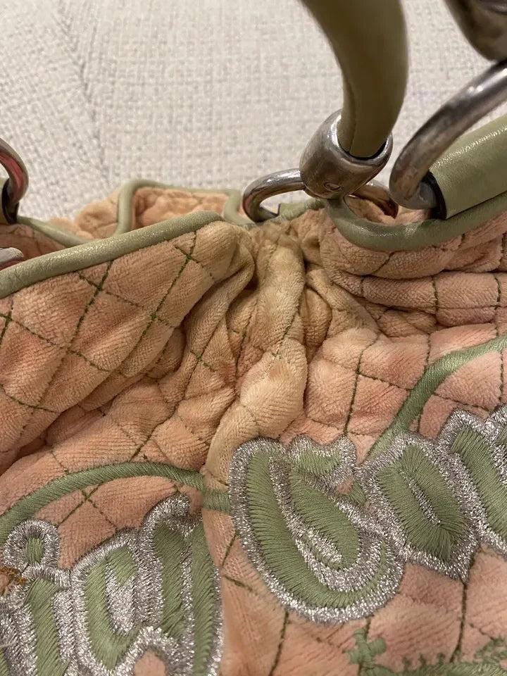 Juicy Couture Pink and Green Rare Y2K Velour Tote with Matching Makeup Bag – Vintage Designer Set