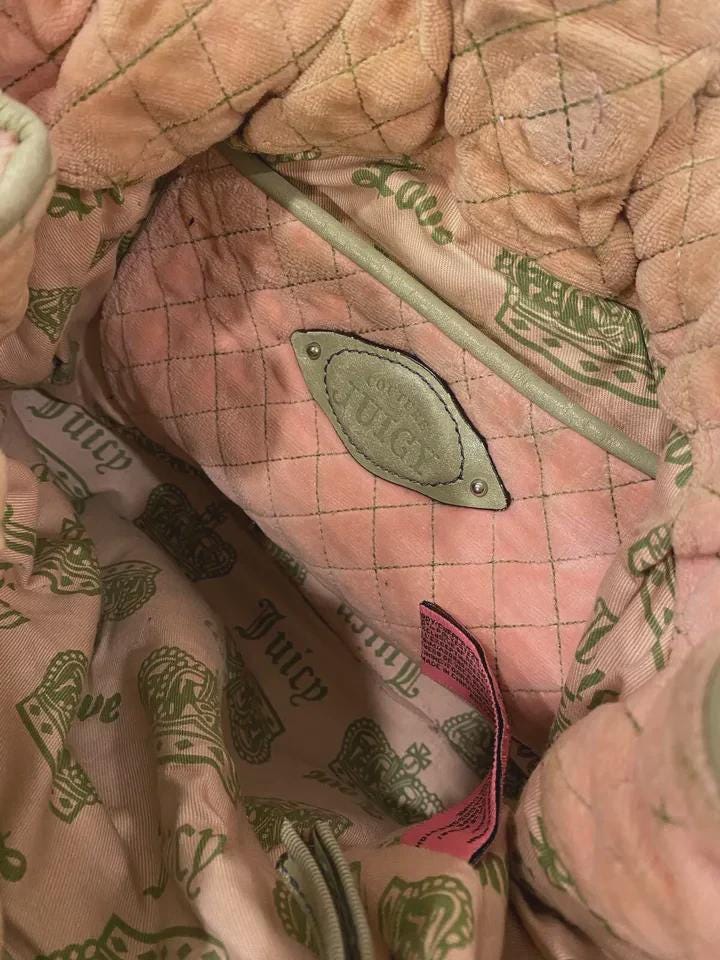 Juicy Couture Pink and Green Rare Y2K Velour Tote with Matching Makeup Bag – Vintage Designer Set