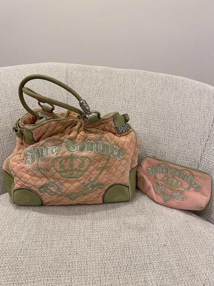 Juicy Couture Pink and Green Rare Y2K Velour Tote with Matching Makeup Bag – Vintage Designer Set