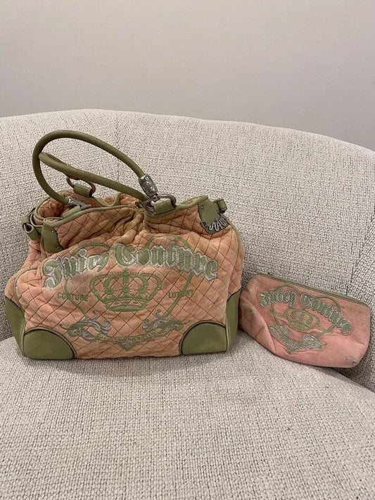 Juicy Couture Pink and Green Rare Y2K Velour Tote with Matching Makeup Bag – Vintage Designer Set