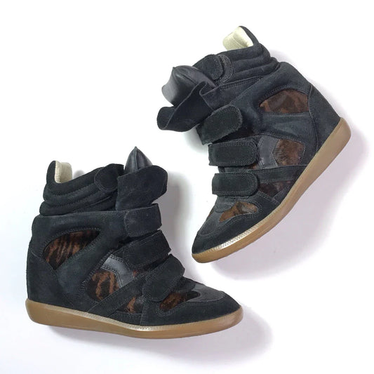Isabel Marant Bekett Wedge Sneakers Pony Hair Brown Black Suede Leather
